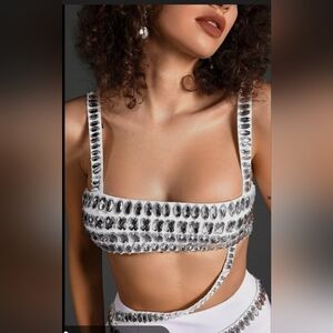 White and Silver Embellished Sports Bra